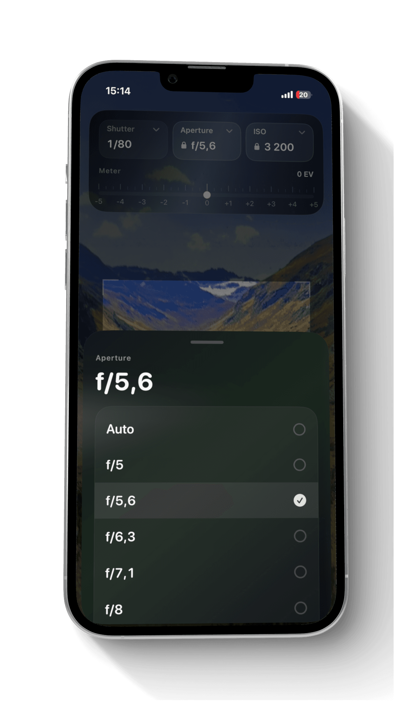 LensReach showing aperture and exposure settings for a selected lens.